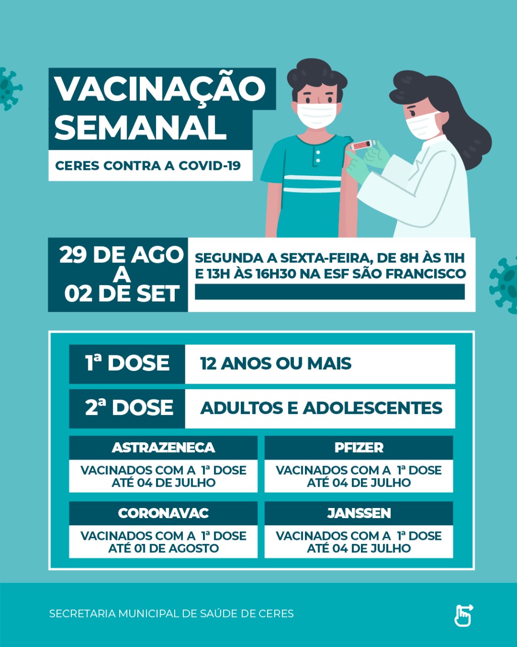 Ceres: confira o calendário de vacinação contra Covid-19 na última semana de agosto